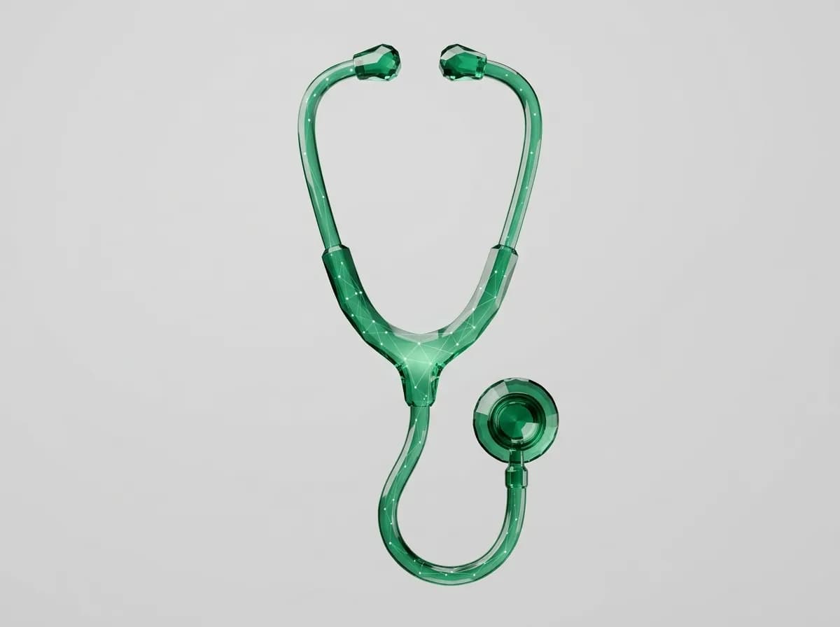 Fonendoscopio de cristal verde translúcido, portada del artículo sobre IA para clínicas
