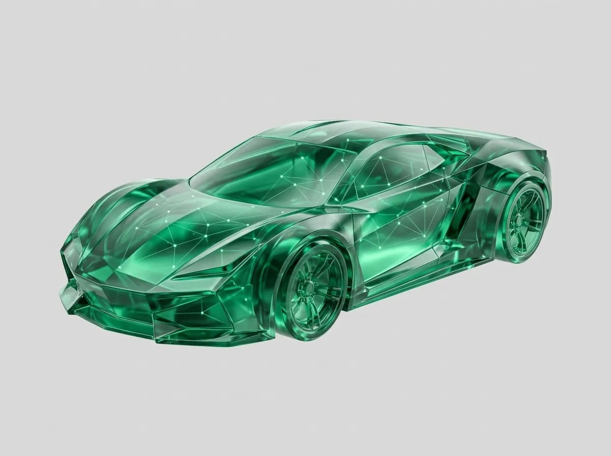 Coche deportivo de cristal verde translúcido, portada del artículo sobre IA para concesionarios y talleres