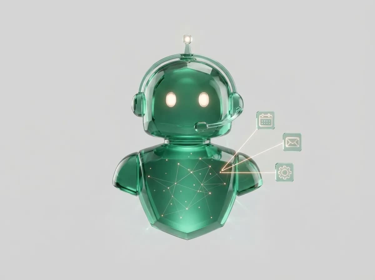 Robot de cristal verde gestionando tareas, portada de la guía de agentes de IA para empresas