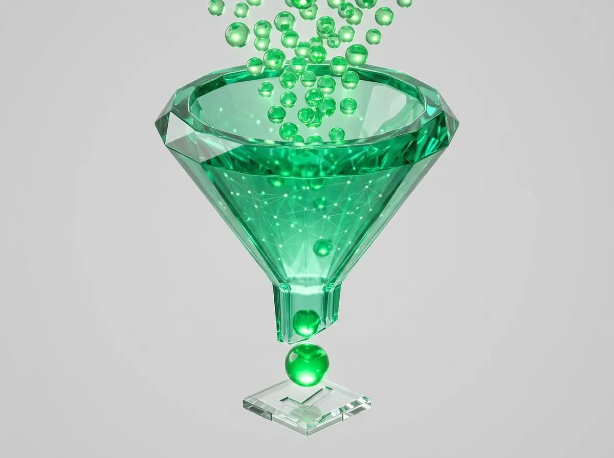 Embudo de cristal verde con contactos entrando y una verificación saliendo, portada de automatización de leads
