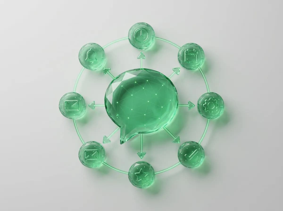Burbuja de WhatsApp de cristal verde con engranajes, portada de los 12 flujos de automatización de WhatsApp