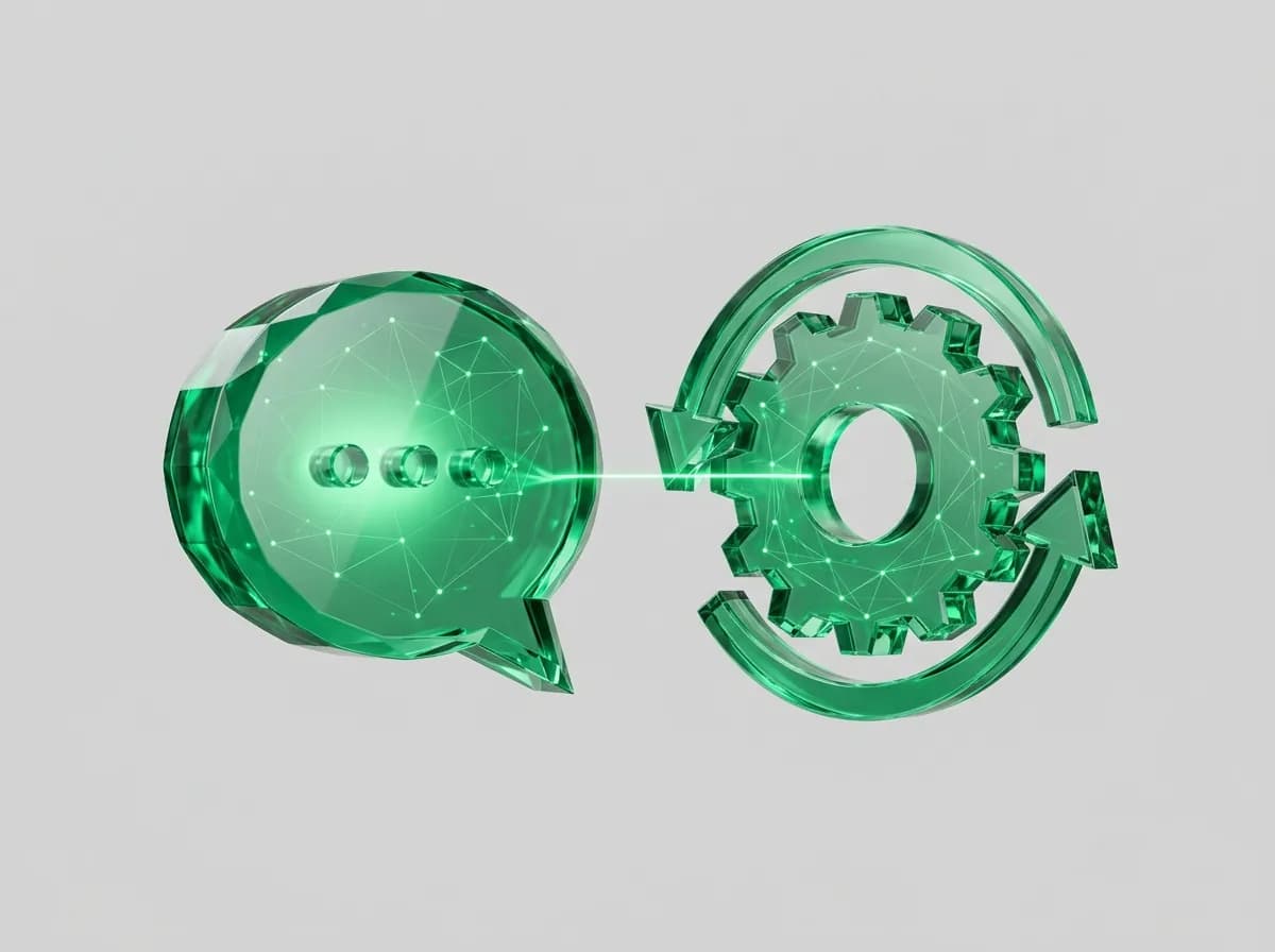Burbuja de chat y engranaje de cristal verde enfrentados, portada de chatbot frente a agente de IA