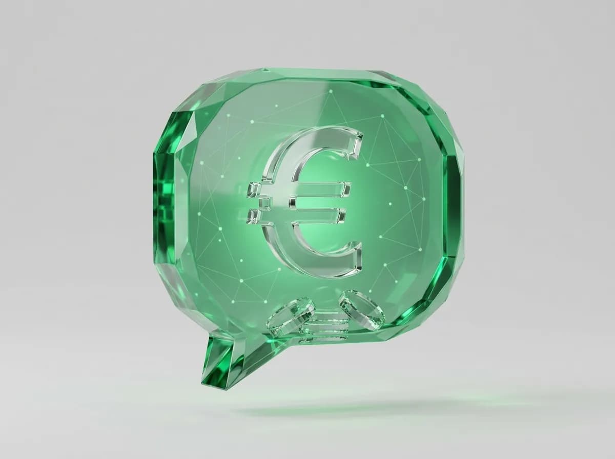 Burbuja de chat de cristal verde con un símbolo de euro y monedas, portada sobre los nuevos precios de WhatsApp Business API
